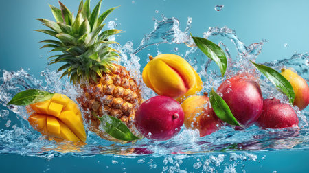 A stunning display of fresh fruits including pineapple, mango, peaches, and plums splashing into crystal clear water, symbolizing freshness and health.の素材