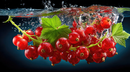 This stunning image captures fresh red currants splashing into clear water, with bubbles dancing around them. The vibrant colors and texture highlight the fruitの素材