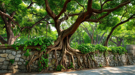 A stunning view of a majestic tree with intricate roots sprawling over a stony wall, surrounded by vibrant greenery in a sunlit park setting.の素材