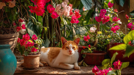 A serene domestic cat lounges gracefully among vibrant bougainvillea flowers in a lush garden, capturing the essence of tranquility and natural beauty.の素材