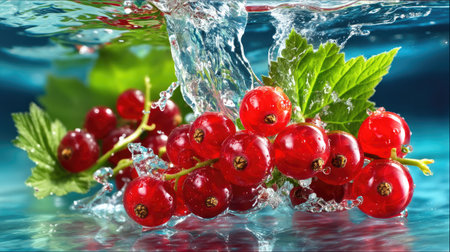 A stunning close-up image of red currants splashing into clear water, creating bubbles and showcasing vibrant green leaves, perfect for healthy food visuals.の素材