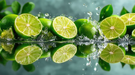Vibrant slices of fresh lime create a beautiful splash on a reflective surface, framed by green leaves, representing freshness and vitality in nature.の素材