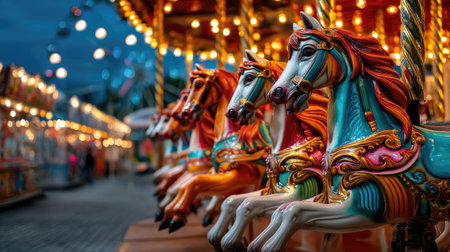 Experience the magic of a carousel at dusk, with brightly colored horses adorned with intricate details, surrounded by sparkling lights, offering a glimpse into childhood wonder.の素材