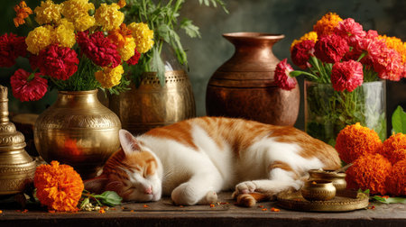 A charming scene featuring a sleeping cat surrounded by colorful flowers and antique vessels, creating a serene atmosphere full of vibrant beauty.の素材
