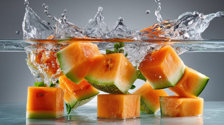 A visually appealing image of fresh watermelon cubes splashing into clear water, showcasing dynamic bubbles and vibrant colors, perfect for healthy lifestyle themes.の素材