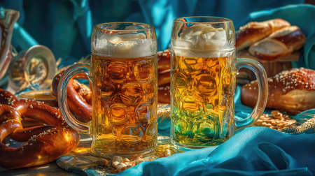 Two mugs of golden beer sit elegantly beside traditional pretzels on a blue silk backdrop, capturing the essence of a lively gathering or celebration.の素材
