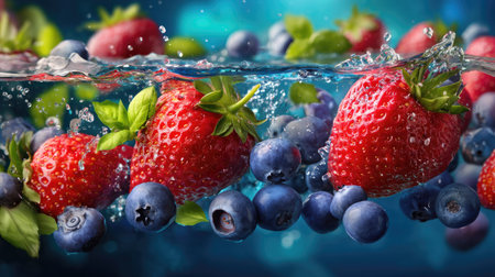 Lively scene capturing fresh strawberries and blueberries splashing in water, creating dynamic bubbles. A perfect representation of summer freshness, healthy living, and natural beauty in food photography.の素材