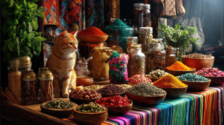 A charming spice market scene featuring a playful cat amidst vibrant bowls of spices and herbs, creating a cozy and inviting atmosphere filled with color.の素材
