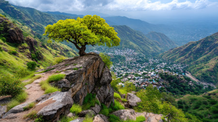 This stunning image captures a solitary tree perched on a rocky cliff, offering a breathtaking view of a lush valley and distant mountains. The dramatic sky enhances the serene atmosphere, making it a perfect representation of nature's beauty.の素材