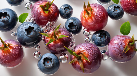 This stunning composition showcases fresh blueberries and red berries glistening with water drops on a white surface, highlighting their vibrant colors and freshness.の素材
