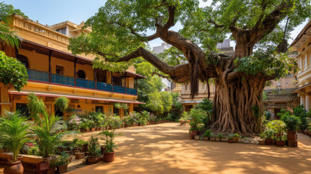 A tranquil courtyard featuring a magnificent banyan tree, surrounded by lush plants and vibrant architecture, creating a serene and inviting atmosphere.の素材