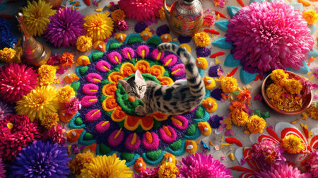 A delightful scene featuring an adorable cat lying amidst a vibrant arrangement of colorful flowers and decorative elements, celebrating joy and beauty.の素材