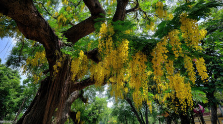 Experience the beauty of nature with this stunning image of a majestic tree adorned with cascades of vibrant yellow blossoms, surrounded by lush greenery under a clear blue sky.の素材
