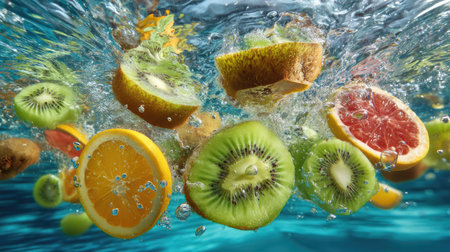 A colorful mix of fresh citrus and kiwi fruits splashes into clear blue water, creating a stunning underwater scene with bubbles and vibrant colors.の素材