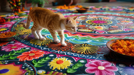 A cheerful ginger cat roams across a stunning rangoli design filled with flowers and colors, capturing the essence of festivity and joy.の素材