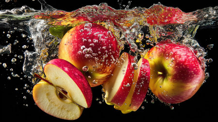 Dynamic image of fresh red apples splashing into water, showcasing vibrant colors and refreshing appeal. Perfect for food and health themes.の素材