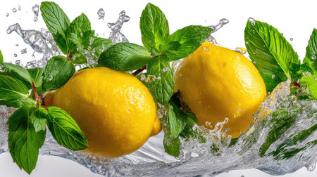 This lively image showcases fresh lemons and fragrant mint leaves splashing into clear water, capturing a sense of freshness and vitality. Perfect for culinary or wellness themes.の素材
