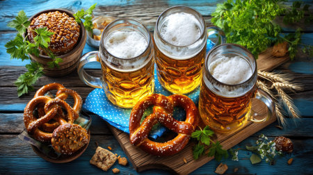 A vibrant display of freshly poured craft beer in mugs, complemented by soft pretzels and tasty snacks, ideal for festive gatherings and culinary celebrations.の素材