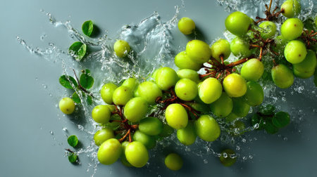A stunning image featuring fresh green grapes with a dynamic water splash and vibrant leaves on a gray background, perfect for promoting healthy eating.の素材