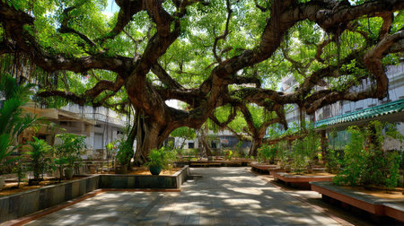 A stunning view of a majestic ancient tree with sprawling branches creates a serene urban garden, inviting visitors to enjoy nature's beauty and tranquility.の素材