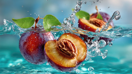 A striking image of plums splashing into clear water, showcasing their vibrant colors and freshness. The scene captures the beauty and vitality of healthy fruit, with glimmering droplets creating a lively atmosphere.の素材