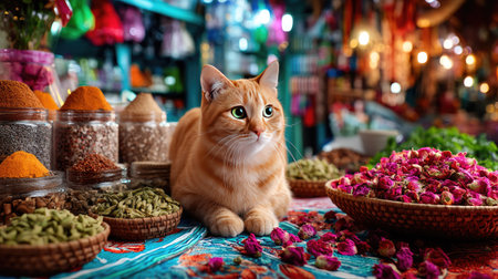 A charming orange cat lies peacefully among vibrant spices and decorative flowers, capturing a cozy market atmosphere filled with colors and aroma.の素材