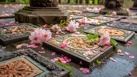 Captivating view of cherry blossom petals scattered over a decorative stone pathway in a tranquil garden setting, showcasing nature's ephemeral beauty.の素材