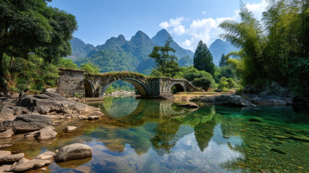 Discover the breathtaking beauty of an ancient stone bridge spanning a crystal-clear river, surrounded by lush greenery and majestic mountains under a serene blue sky.の素材
