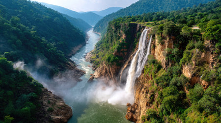 Experience the beauty of a stunning waterfall cascading into a serene river, enveloped by lush green mountains and vibrant flora. This enchanting landscape captures the essence of nature's tranquility.の素材