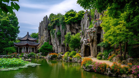 This stunning image captures a peaceful garden scene featuring a traditional pavilion beside a tranquil pond, rocky formations, and lush greenery.の素材