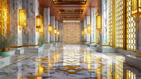A stunning interior view captures a luxurious hallway featuring polished marble floors, intricate patterns, and ornate golden lanterns, creating an elegant ambiance.の素材