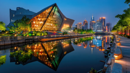 This stunning image showcases a modern architectural masterpiece illuminated at dusk. The vibrant city skyline reflects beautifully in the serene river, creating a captivating urban landscape that blends nature and design harmoniously.の素材