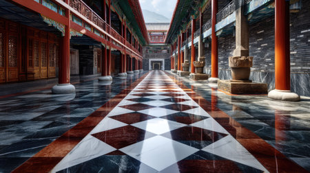This stunning image showcases a traditional Chinese courtyard featuring intricate marble flooring and vibrant architectural details. The interplay of light and shadow highlights the serene atmosphere of this cultural gem.の素材