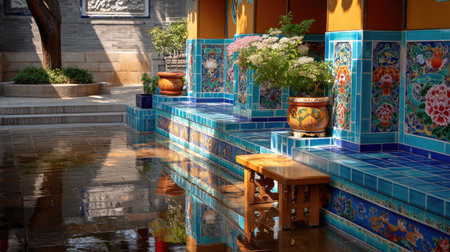 This serene courtyard features vibrant tile artwork with reflections glistening on the wet ground, surrounded by potted plants, creating a peaceful ambiance.の素材