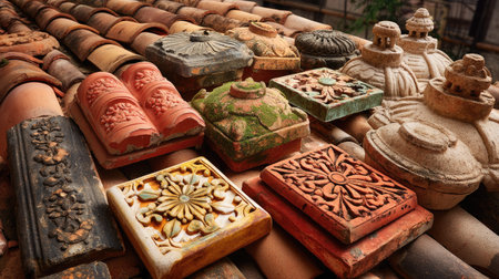 An artistic arrangement of various decorative roof tiles showcasing intricate designs and vibrant colors under natural sunlight, highlighting craftsmanship.の素材
