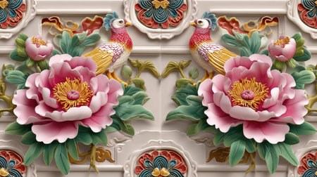 This artistic relief showcases vibrant flowers and colorful birds, creating a captivating visual harmony. Perfect for traditional and modern design themes.の素材