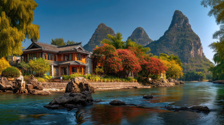 A stunning view of a traditional house nestled beside a calm river, framed by vibrant autumn foliage and majestic mountains, presenting a tranquil escape.の素材