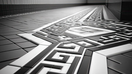 A beautifully crafted floor design featuring intricate black and white geometric patterns. This artistic tile arrangement adds a modern flair to any interior space.の素材