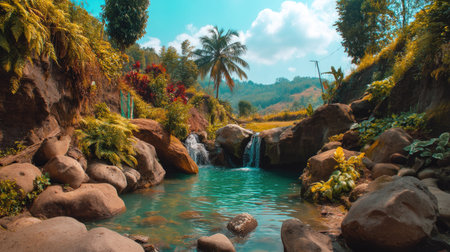 Experience the tranquility of a tropical waterfall nestled in a vibrant landscape, featuring lush greenery and a calm blue pool perfect for relaxation.の素材