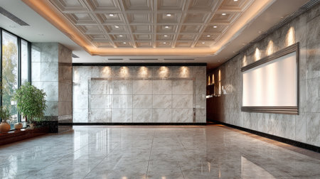 A modern luxury interior featuring a spacious area with exquisite marble finishes, decorative lighting, and elegant design. Ideal for commercial use.の素材