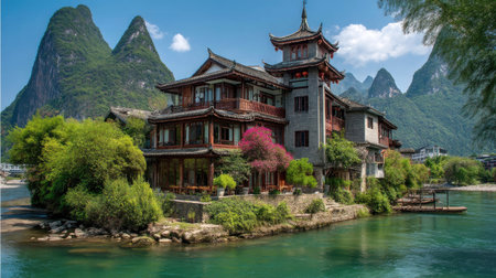 Discover a charming lakeside house nestled among vibrant greenery and majestic mountains, perfect for nature lovers and travelers seeking tranquility.の素材