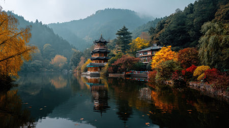 This stunning autumn scene showcases a traditional pagoda reflected in calm waters, surrounded by vibrant foliage and misty mountains, perfect for relaxation.の素材