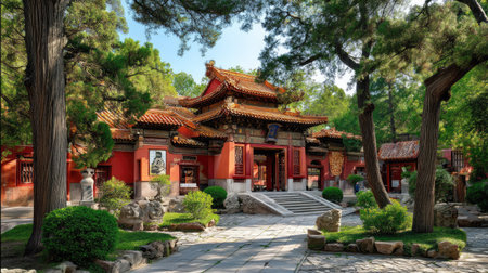 Discover a breathtaking temple building nestled amidst lush greenery, featuring intricate architecture and stone pathways, offering tranquility and beauty.の素材