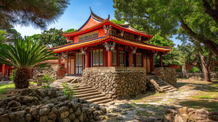 A stunning example of traditional Asian architecture set amid lush greenery, featuring a decorated roof and stone pathways, perfect for peaceful exploration.の素材