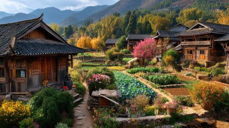 An enchanting village scene showcasing traditional wooden houses surrounded by lush gardens and vibrant flowers, all set against majestic mountains.の素材