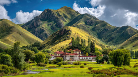 Stunning landscape featuring lush green mountains and a serene river, flanked by majestic hills under a vibrant blue sky with fluffy clouds.の素材