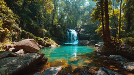 A stunning waterfall cascades into a tranquil turquoise pool, surrounded by vibrant green trees and rocky formations. This peaceful nature scene invites relaxation and exploration.の素材
