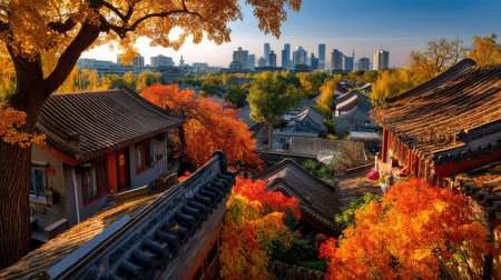 Experience the stunning contrast of vibrant autumn colors against a modern skyline, highlighting the blend of historic architecture and contemporary urban life.の素材