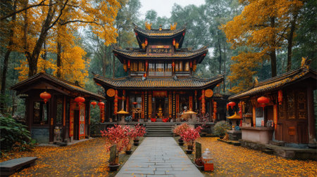 Explore the beauty of a traditional Asian temple set amidst a vibrant autumn forest. Lanterns decorate the serene space, enveloped in tranquility.の素材