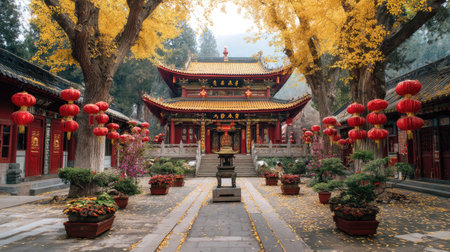 A serene autumn view of a traditional Chinese temple surrounded by vibrant yellow trees and decorative red lanterns, showcasing cultural beauty.の素材